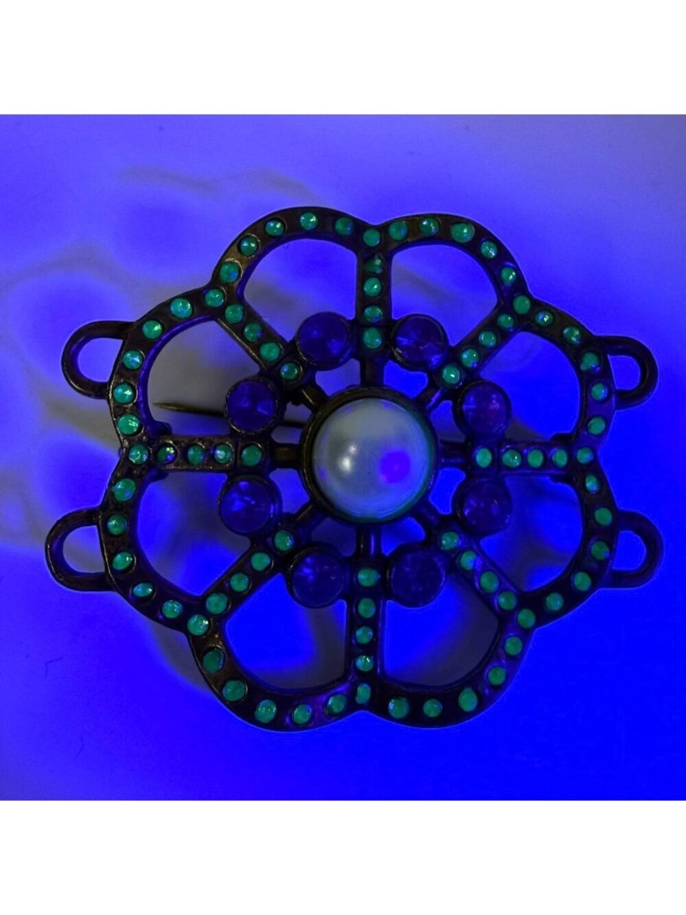Floral Faux Pearl UV Light Reactive Glow Green Rhinestones Brooch